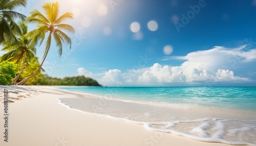in summer capture a crisp image of a serene tropical beach with white sand bathed in sunlight against a backdrop of a blue sky and bokeh the image offers ample copy space