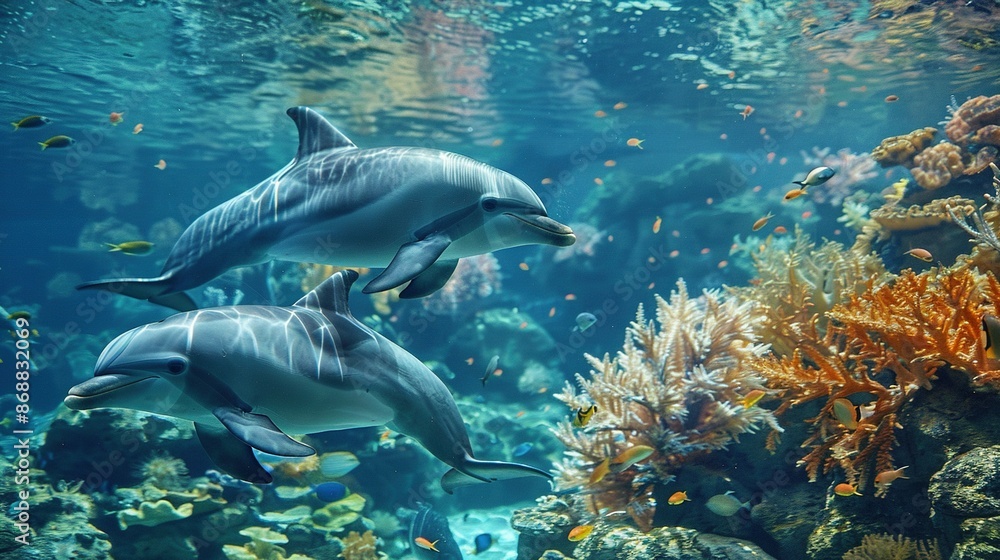 Obraz premium Underwater Vignette: Two Dolphins Swimming Around Coral Reef with Fish and Sea Plants