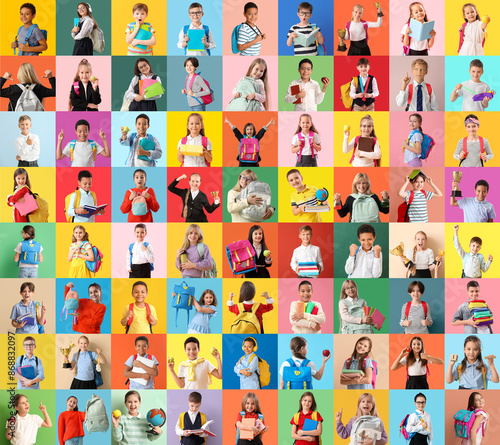 Collage of many schoolchildren on color background © Pixel-Shot