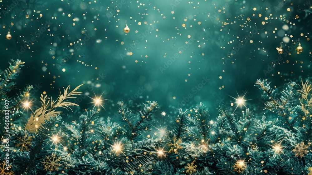 Fototapeta premium Festive Christmas tree branches decorated with golden ornaments and sparkles against a blurred background.