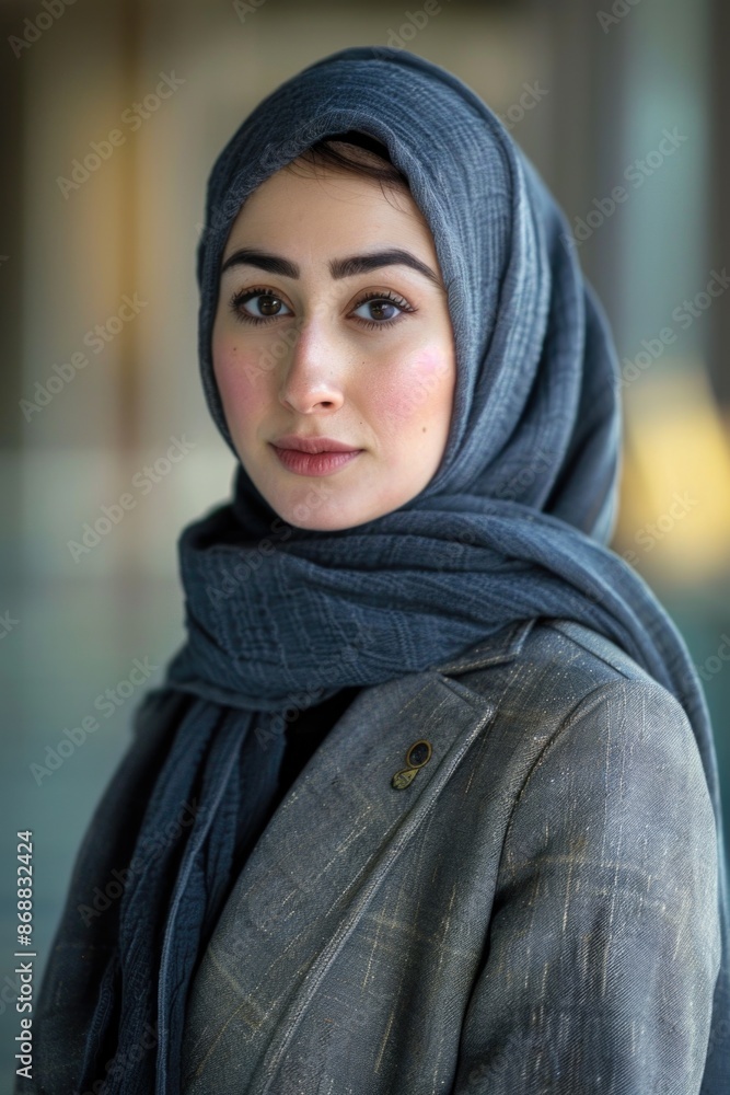 A woman wearing a blue scarf and a gray jacket, possibly outdoors A woman wearing a blue scarf and a gray jacket, possibly outdoors