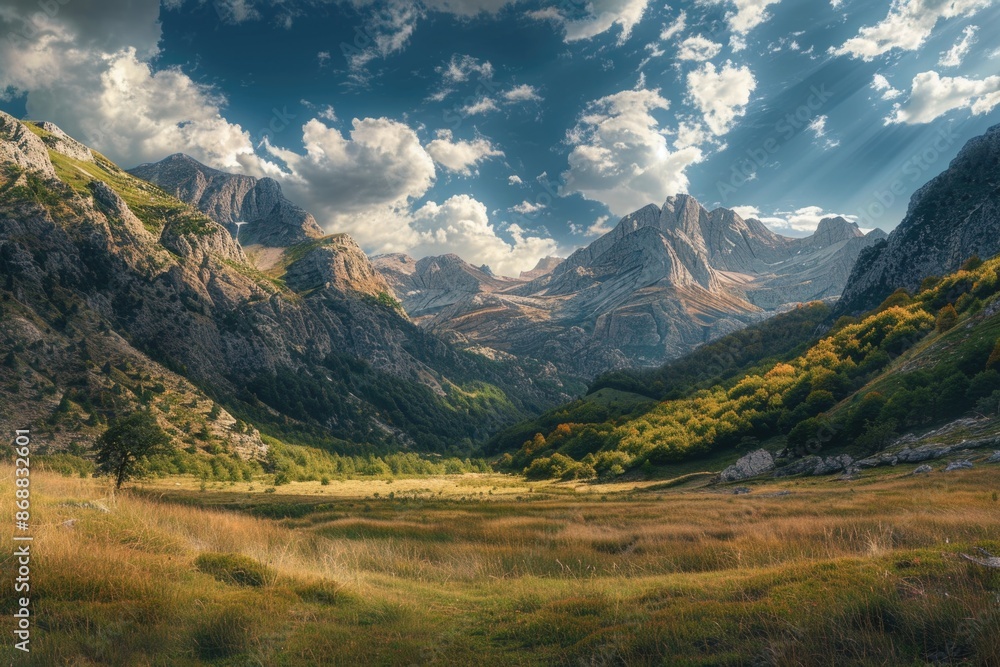 Fototapeta premium A serene landscape of a valley surrounded by mountains