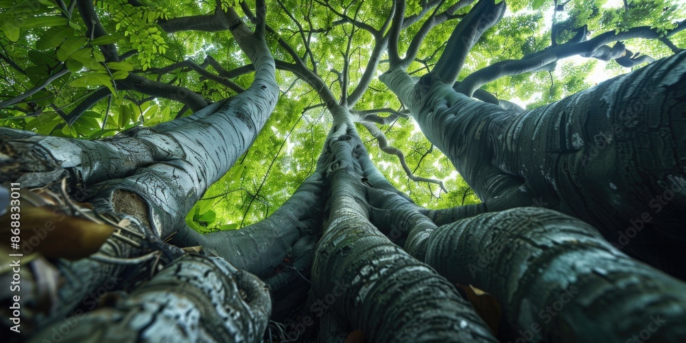 Fototapeta premium A cluster of trees stands tall in the woods, surrounded by foliage and natural scenery