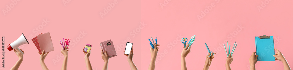 Many hands with school supplies, mobile phone and megaphone on pink background Many hands with school supplies, mobile phone and megaphone on pink background