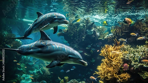 Underwater View of Two Dolphins Swimming Around Coral Reef with Fish and Sea Plants