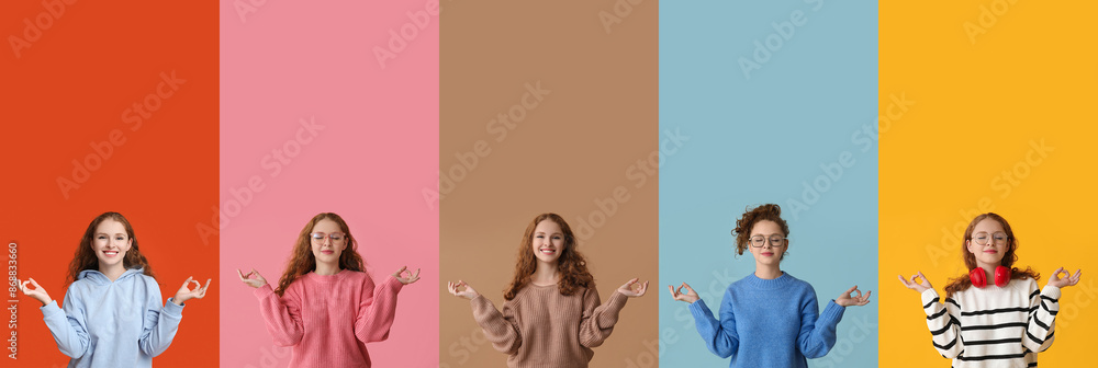 Fototapeta premium Set of relaxed young woman meditating on color background