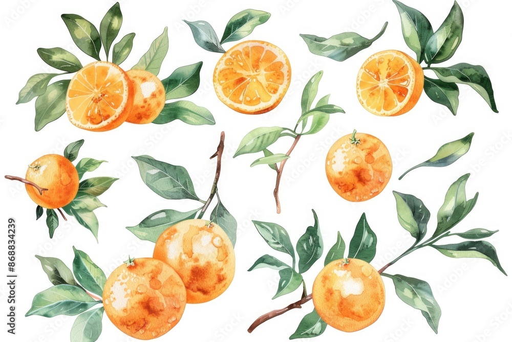 Oranges hanging from a tree branch, fresh and ripe for picking Oranges hanging from a tree branch, fresh and ripe for picking