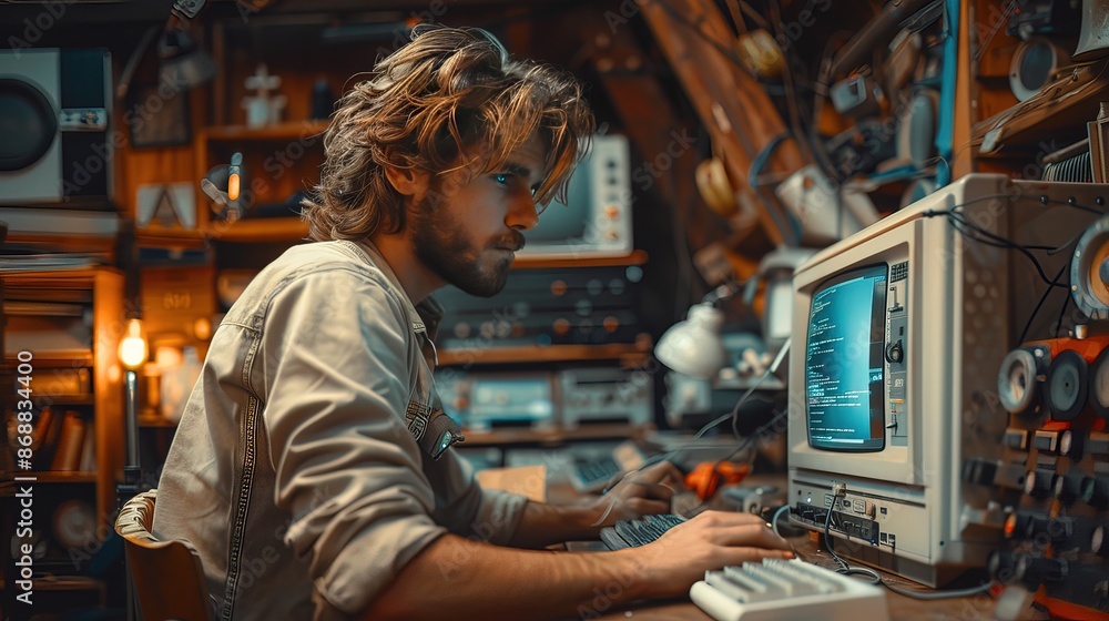 Caucasian Male Hardware Engineer Programming On Old Desktop Computer In Retro Garage. Caucasian Male Hardware Engineer Programming On Old Desktop Computer In Retro Garage.
