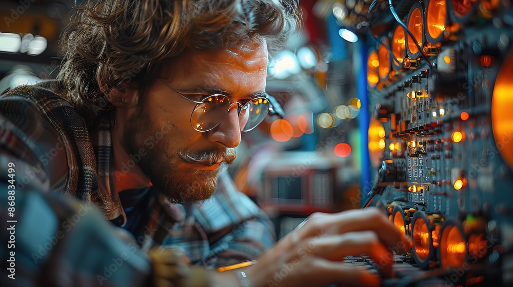 Caucasian Male Hardware Engineer Programming On Old Desktop Computer In Retro Garage. Experienced Software Developer Caucasian Male Hardware Engineer Programming On Old Desktop Computer In Retro Garage. Experienced Software Developer