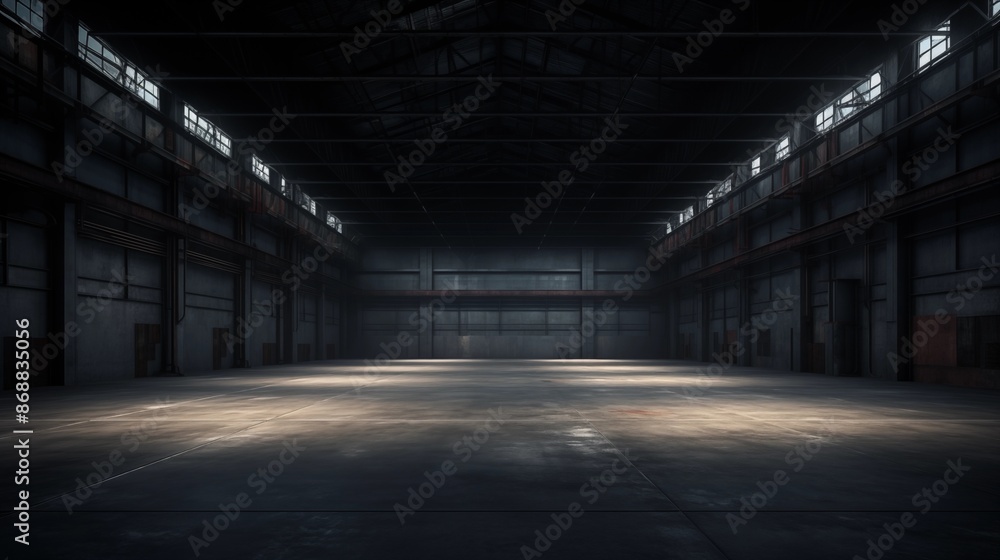 Three dimensional render of dark empty warehouse. Three dimensional render of dark empty warehouse.