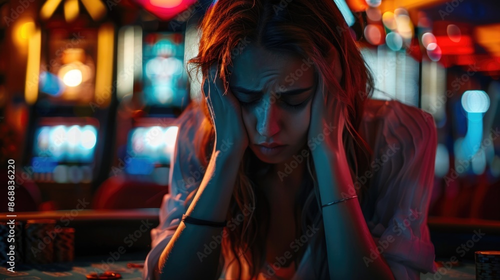 Obraz premium A woman sits alone at a table, her head in her hands, conveying distress and despair