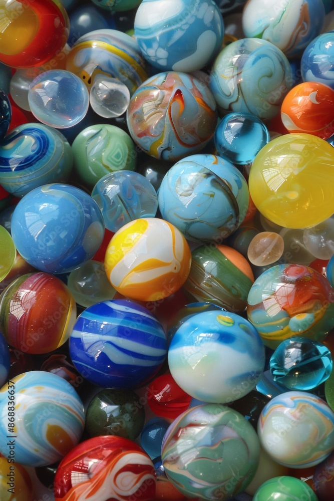 Fototapeta premium Close up shots of colourful glass marbles with various sizes and patterns 