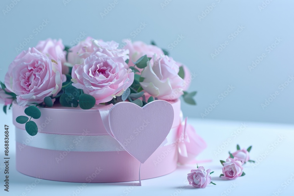 A decorative box filled with pink roses, ideal for romantic occasions or as a gift A decorative box filled with pink roses, ideal for romantic occasions or as a gift