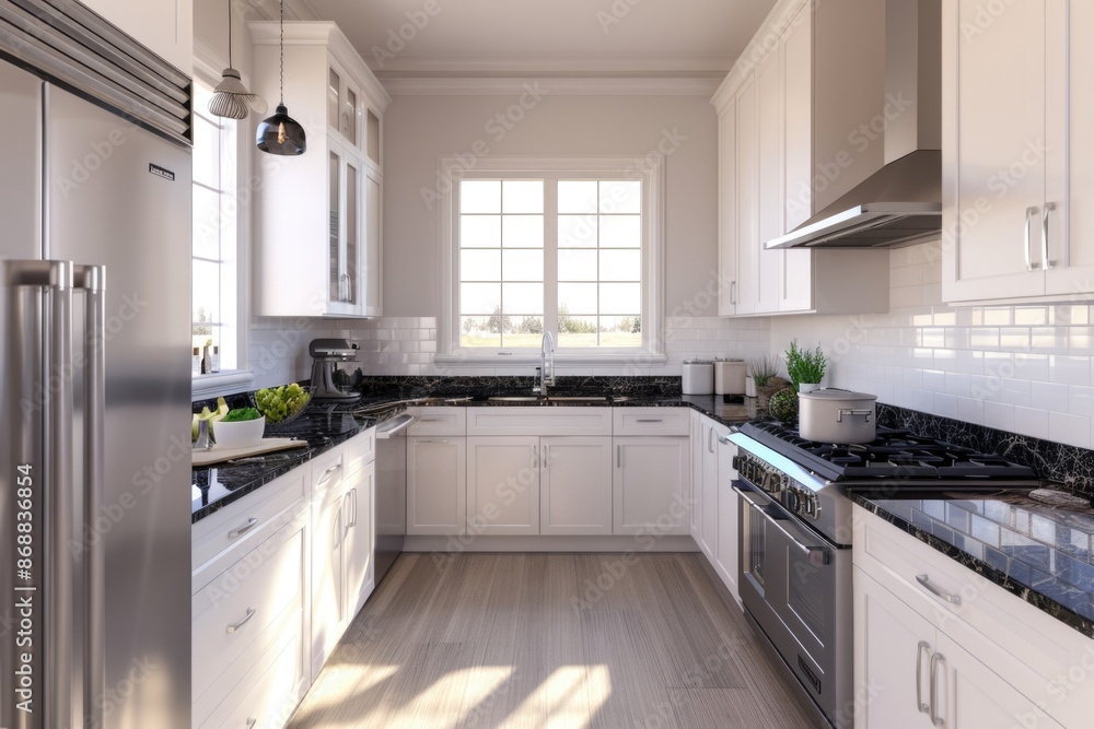 A modern kitchen with white cabinets and black countertops, perfect for a home or commercial space A modern kitchen with white cabinets and black countertops, perfect for a home or commercial space