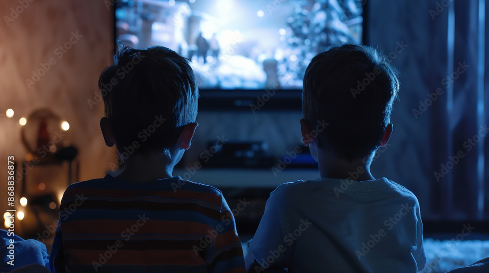 Back View of Two Kids Watching Television Back View of Two Kids Watching Television