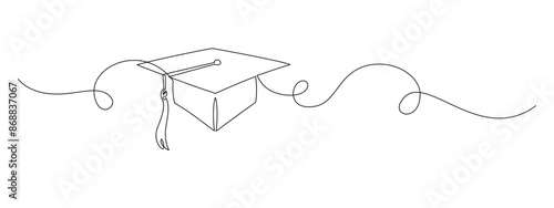 Graduation cap in One continuous line drawing. Student and college hat symbol in simple linear style. Education and academic degree concept in editable stroke. Doodle oneline vector illustration