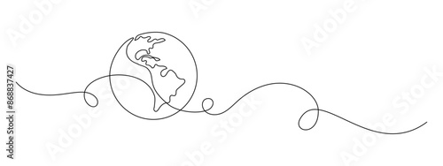 Continuous one line drawing of earth globe with flourish art. World map and travel concept in simple linear style. International trip in editable stroke. Monoline vector illustration