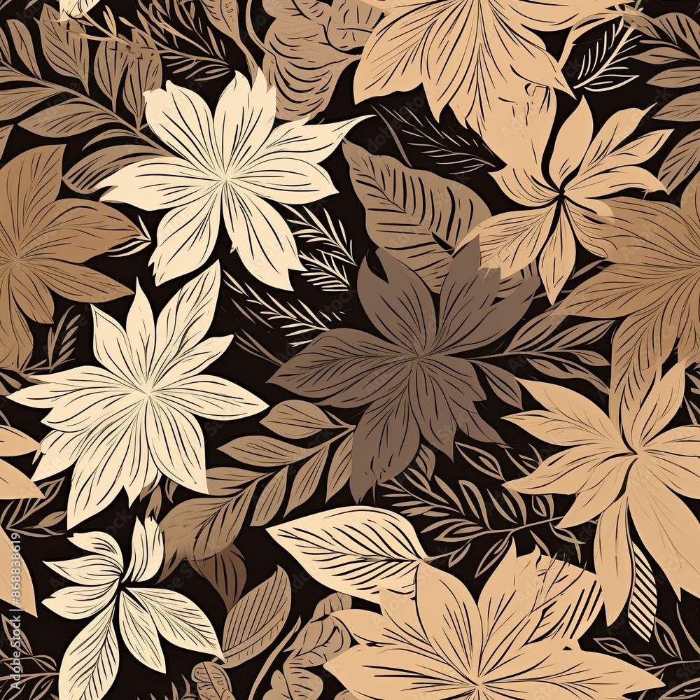 Abstract floral lino cuts of leaves and flowers designed in a random patter Abstract floral lino cuts of leaves and flowers designed in a random patter