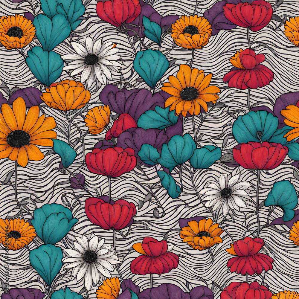 chevron daisy poppy marigolds pattern overlay in bright jewel tones. black & white cartoon drawing, pattern, vector, art, illustration, seamless, design, wallpaper, flower, texture, decoration, color, chevron daisy poppy marigolds pattern overlay in bright jewel tones. black & white cartoon drawing, pattern, vector, art, illustration, seamless, design, wallpaper, flower, texture, decoration, color,