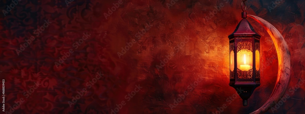 Ramadan Mubarak background red lantern lamp with crescent moon shape on the background, copy space - generative ai Ramadan Mubarak background red lantern lamp with crescent moon shape on the background, copy space - generative ai
