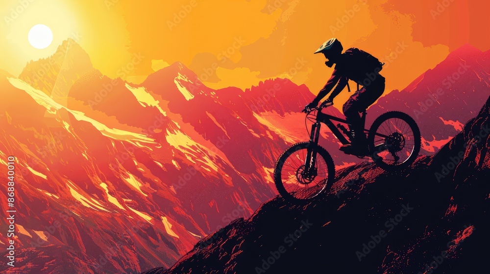 Obraz premium A man is riding a bike on a mountain. The mountain is covered in snow and the sky is orange