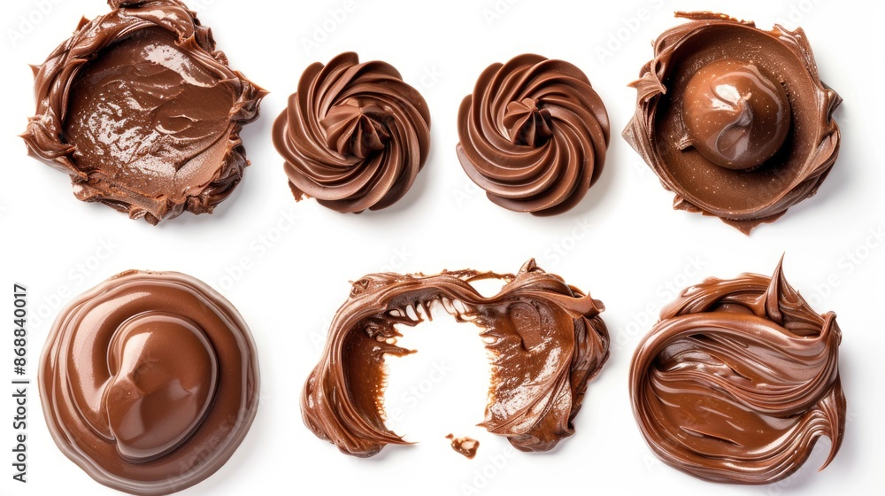 A detailed view of smooth, brown chocolate frosting on a white background, ideal for food or dessert photography A detailed view of smooth, brown chocolate frosting on a white background, ideal for food or dessert photography