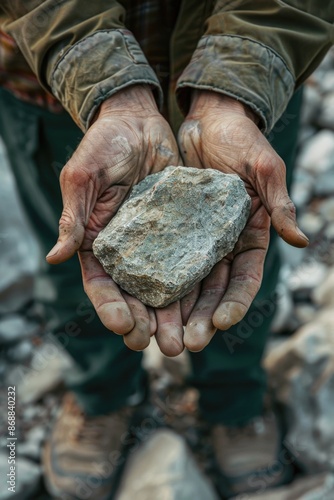 A person holds a rock in their hands