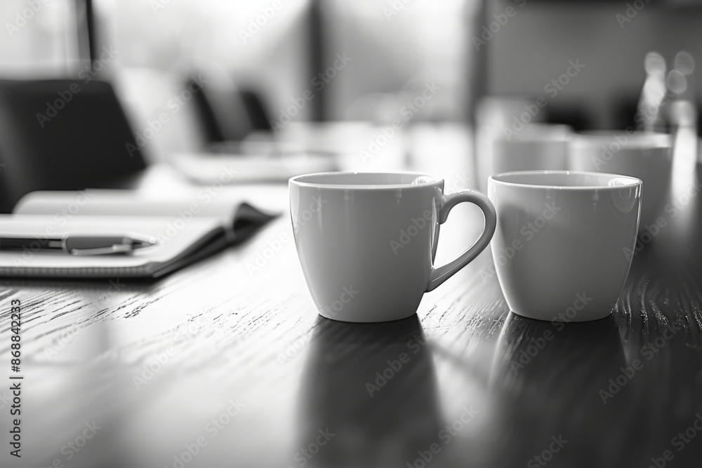 Close-up of coffee cups and notepads on an office table, with the sun shining through large windows in background, creating a bright atmosphere for business meeting, monochrome tone. Close-up of coffee cups and notepads on an office table, with the sun shining through large windows in background, creating a bright atmosphere for business meeting, monochrome tone.