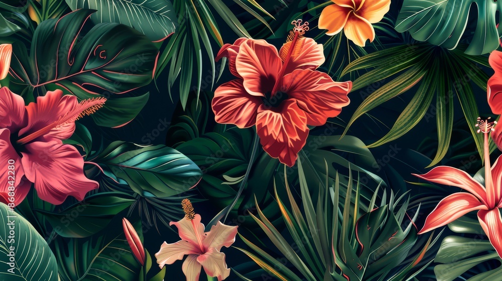 Fototapeta premium Tropical Floral Pattern with Lush Green Foliage