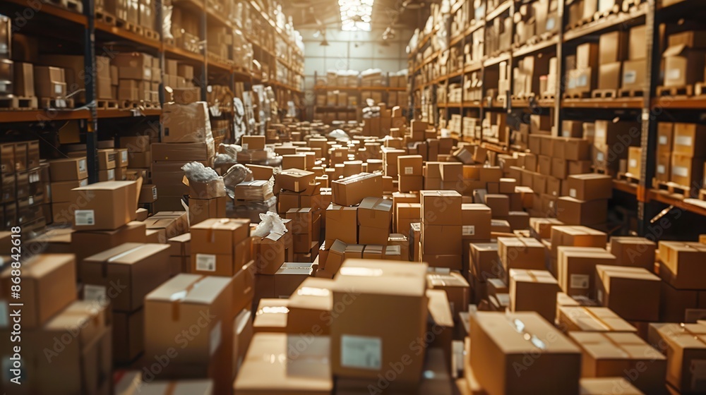 A warehouse with many boxes stacked on shelves A warehouse with many boxes stacked on shelves