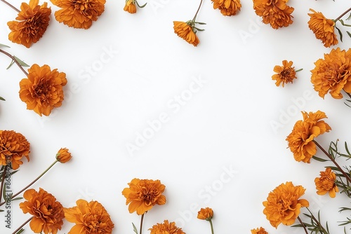 Autumn Frame with Orange Flowers on White Background