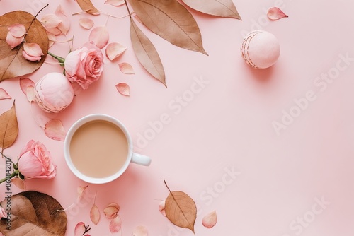 Autumn Composition with Coffee, Macarons, Roses and Leaves
