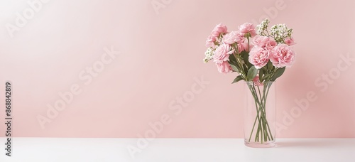Pink Roses Bouquet in a Glass Vase on Pastel Pink Background