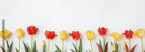 Yellow and Red Tulips on White Background Spring Composition