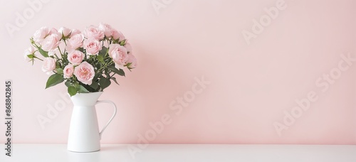 Pink Roses in White Vase - Elegant Floral Arrangement on Pastel Background