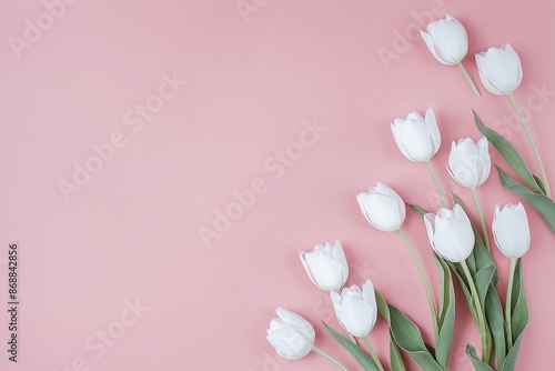 White Tulip Flowers on Pink Background - Minimalist Spring Floral Composition