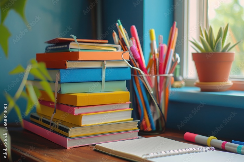 Fototapeta premium Colorful stack of books and stationery on a desk by the window with a houseplant creating a vibrant and productive workspace.