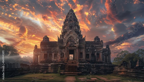 Ancient stone temple against a dramatic sunset sky, showcasing intricate architectural details and historic grandeur in a serene landscape. © Supranee