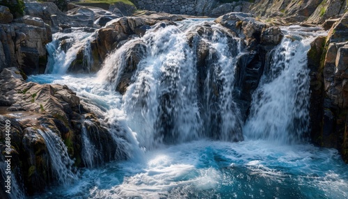 Scenic waterfall cascading over rugged rocks into a vibrant blue pool, captured in natural daylight, offering tranquility and natural beauty.