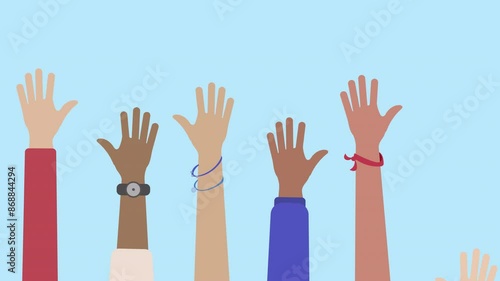 Group of multi-ethnic diverse people raising their hands. Showing unity, teamwork, collaboration, volunteering or celebrating concepts. 2d animation in cartoon. 4k, ALPHA CHANNEL is on.