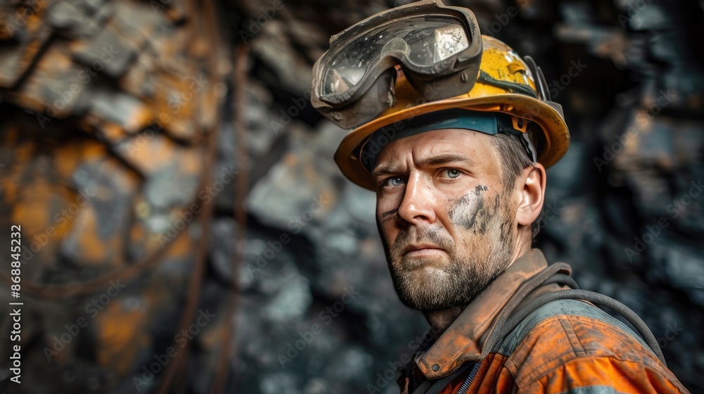 A man in a yellow hard hat and goggles stands in front of a wall. He looks tired and dirty A man in a yellow hard hat and goggles stands in front of a wall. He looks tired and dirty