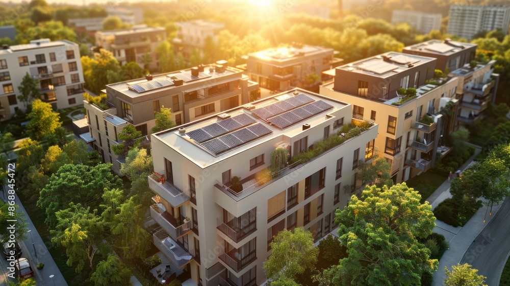 Fototapeta premium A residential area with many houses and trees. The houses are all different sizes and styles. The sun is shining brightly, making the area look bright and cheerful