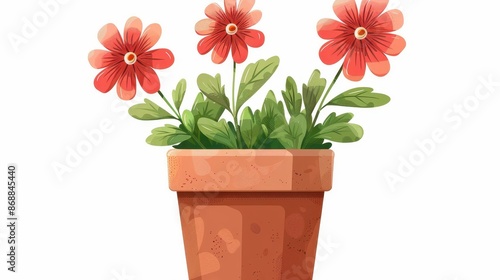 A delightful image of three striking red flowers spreading elegance and charm as they flourish among the lush green foliage contained within a sturdy pot. photo