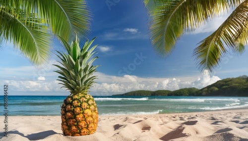 tropical beach scene with palm trees and pineapple © Sawyer