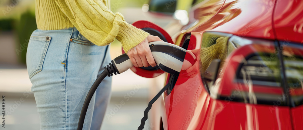 Close up of woman's hand plugging in electric car charging station, getting ready to drive the new red vehicle on street Close up of woman's hand plugging in electric car charging station, getting ready to drive the new red vehicle on street