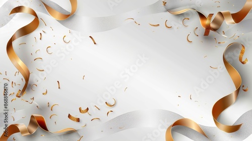 Elegant gold and white ribbons decorate a festive background with scattered confetti, adding a celebratory and cheerful atmosphere perfect for any special occasion. photo