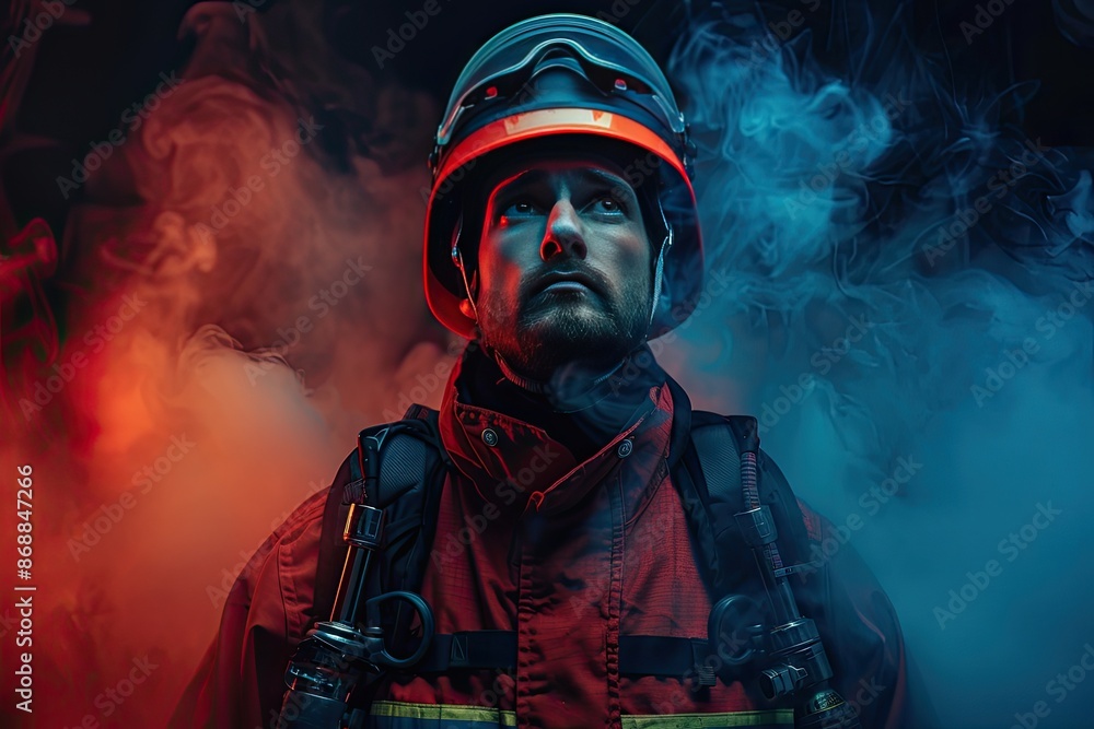 A firefighter is standing in front of a cloud of smoke. The man is wearing a red jacket and a helmet A firefighter is standing in front of a cloud of smoke. The man is wearing a red jacket and a helmet
