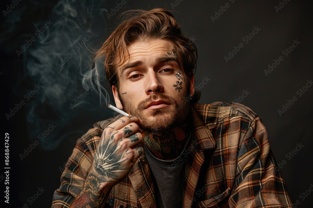 Fototapeta premium A man with tattoos and piercings is smoking a cigarette. The image has a mood of rebellion and nonconformity
