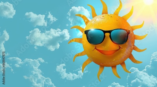 A cheerful sun wearing sunglasses beams brightly in a sunny blue sky filled with white fluffy clouds, portraying a lively and joyful atmosphere. © Design Depot