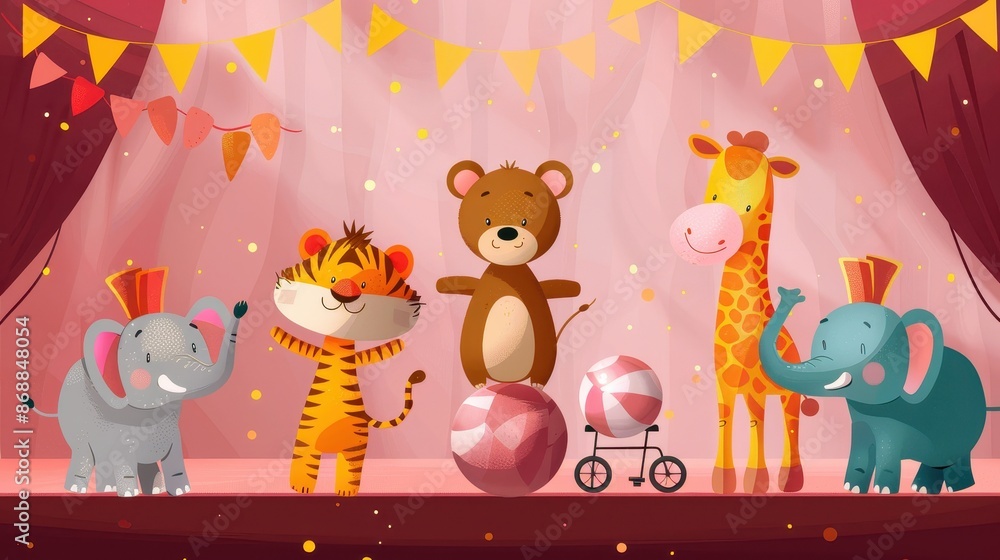 A delightful illustration of elephants, a tiger, a bear, and a giraffe performing circus tricks on a stage adorned with flags and vibrant decorations, capturing the joy and excitement of a circus. A delightful illustration of elephants, a tiger, a bear, and a giraffe performing circus tricks on a stage adorned with flags and vibrant decorations, capturing the joy and excitement of a circus.